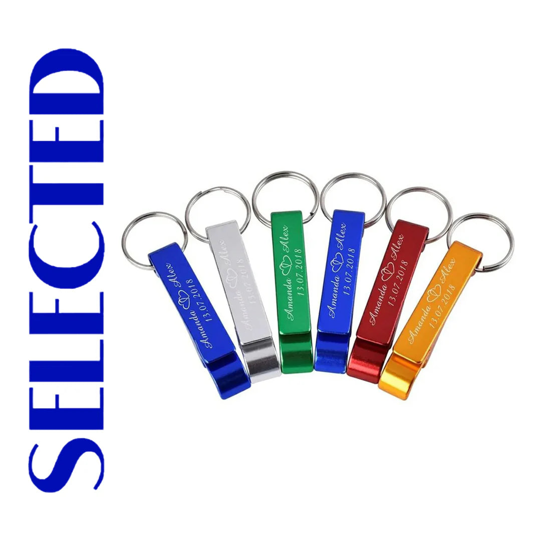 Six vibrant and multifunctional aluminum alloy bottle opener keychains by Creality Falcon are arranged in a curved line. Engraved with "Amanda & Max 15.07.2023," these keychains, part of the Bottle Opener Keychains Multicolor - 16PCS set, feature standout hues of blue, silver, green, teal, red, and orange. The word "SELECTED" is written vertically in blue on the left side.