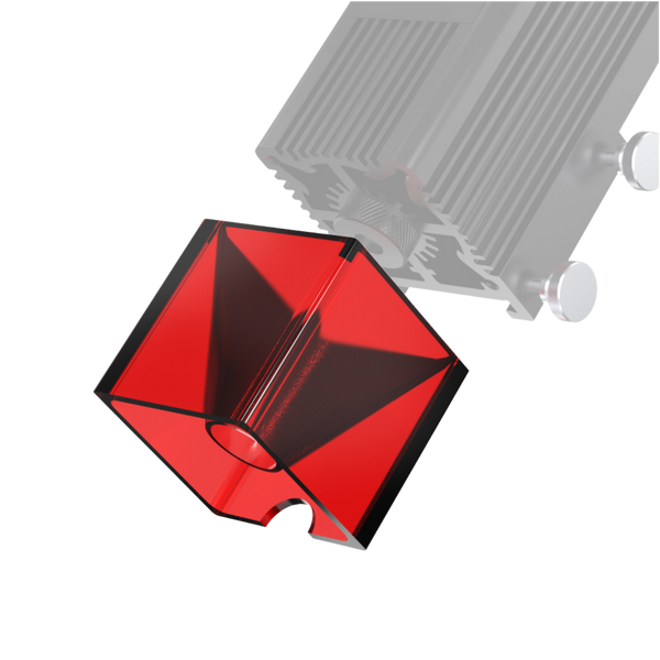 A red, semi-transparent, square-shaped object with angled interior surfaces and a circular hole at the base, shown below partially visible Creality Falcon CR-Laser Falcon Laser Module Replacement Goggles.