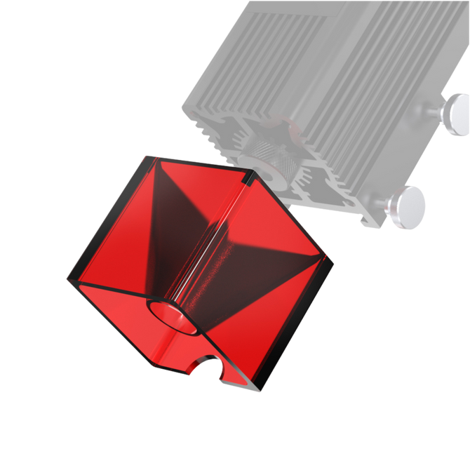 A red, semi-transparent, square-shaped object with angled interior surfaces and a circular hole at the base, shown below partially visible Creality Falcon CR-Laser Falcon Laser Module Replacement Goggles.