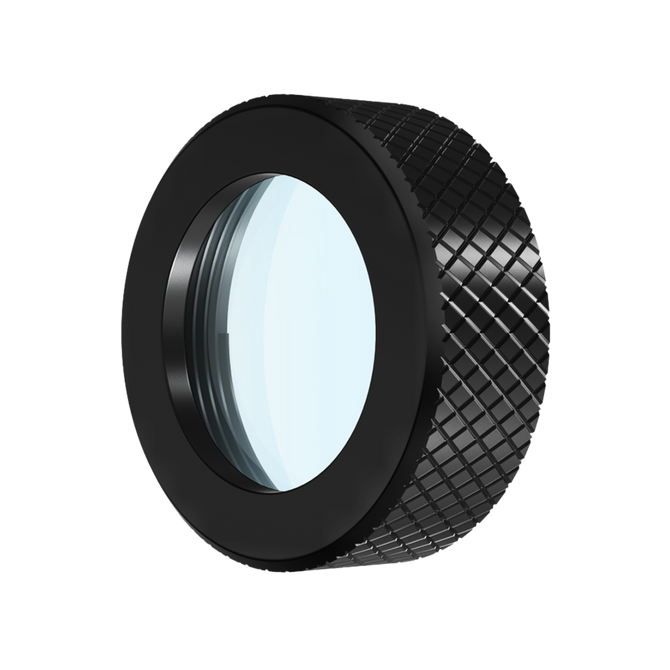 Close-up of the CR-Laser Falcon Replace Protective Lens by Creality Falcon—round, black, textured metal with clear glass center; works with 5W and 10W CR-Laser modules, shown on a white background.