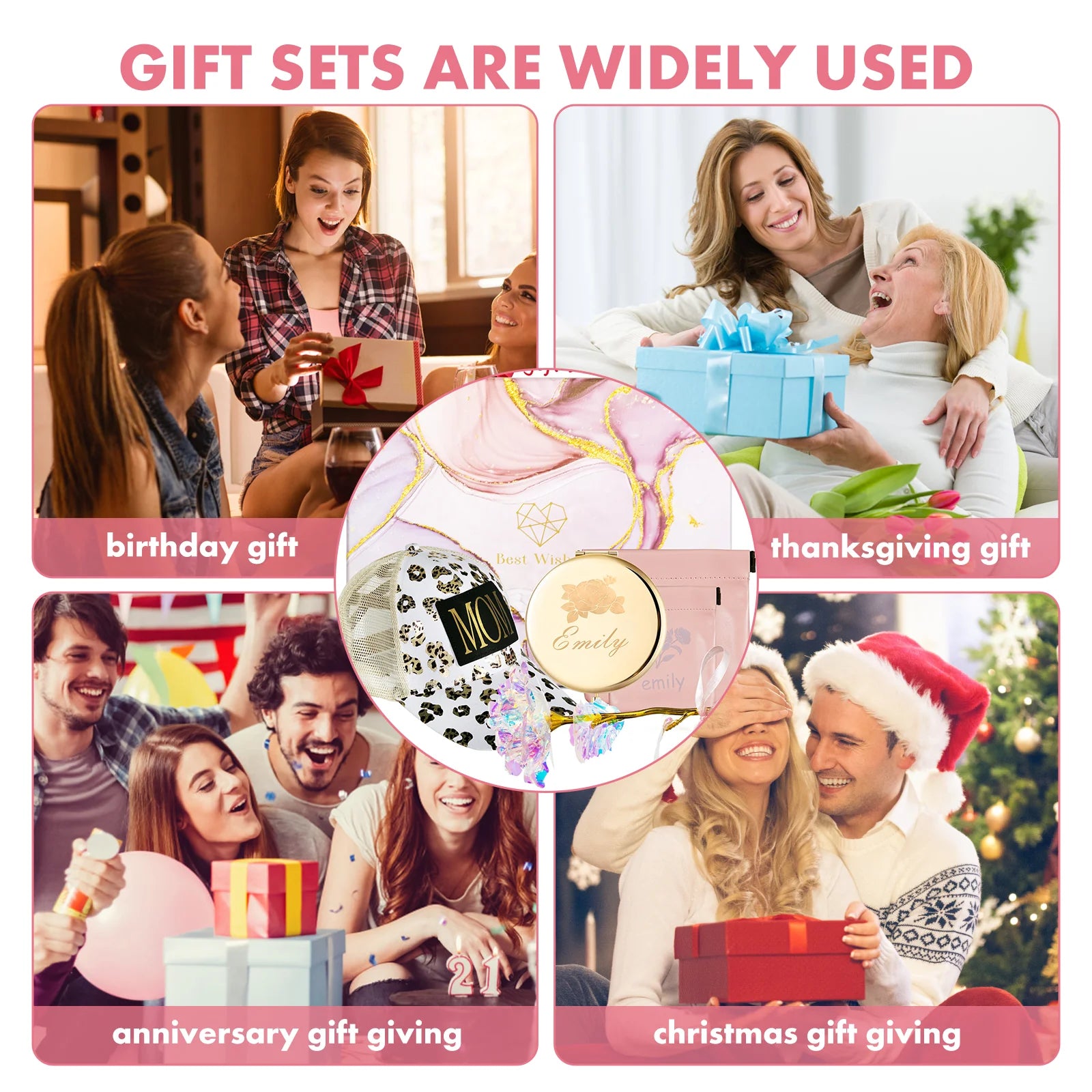 A collage of four images depicts a variety of gift-giving moments: a birthday party, Thanksgiving gathering, anniversary celebration, and Christmas exchange. A central circular inset features the Creality Falcon Car Water Cup DIY Women's Gift Set for Laser Engraving, highlighting its versatility as an ideal birthday gift for women.