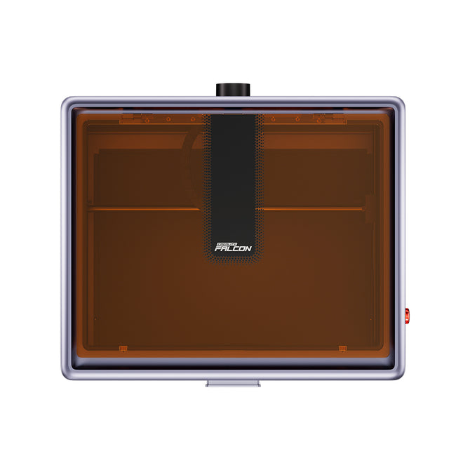 Front view of the compact Creality Falcon Falcon A1 10W Enclosed Diode Laser Engraver with a translucent orange cover and central black strip. Its rectangular shape and small knob make it the perfect Compact to Fit Any Space solution.