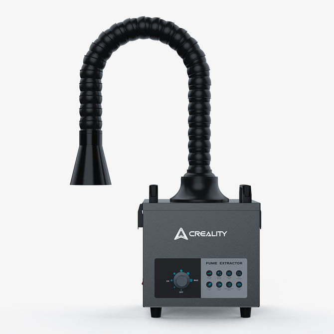 The Creality Falcon Air Purifier for 10W Engraving Machines features an adjustable, flexible black hose and a control panel with buttons and a dial. With HEPA filters for low-noise operation, it effectively removes fumes during tasks like 3D printing, prominently displaying the "Creality" brand.