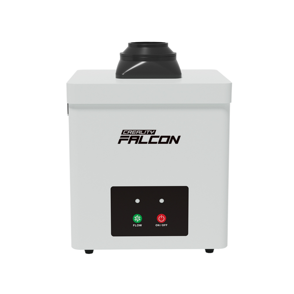 A white, box-shaped Creality Falcon Desktop Smoke Purifier for Falcon A1 features a black circular vent on top. Below the Creality Falcon label are two buttons: a green "Flow" and a red "On/Off".