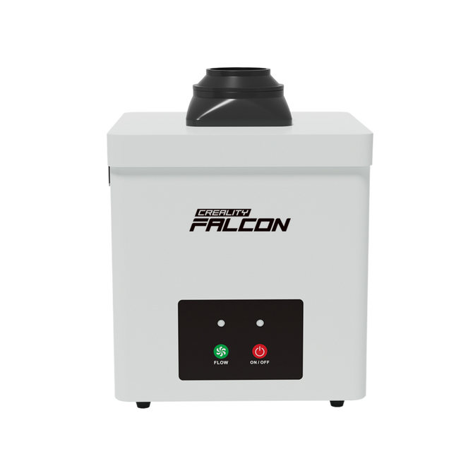 The CrealityFalcon Falcon Desktop Smoke Purifier for Falcon A1 is a white, box-shaped unit with a black top vent and two front buttons—green for flow and red for on/off.