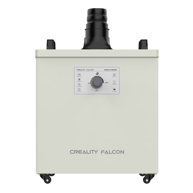 Front view of the Creality Falcon Smoke Purifier by Creality Falcon, designed for indoor use with a control panel, central dial, indicator lights, and large exhaust port to filter smoke and dust. The white unit features small wheels on the bottom corners.