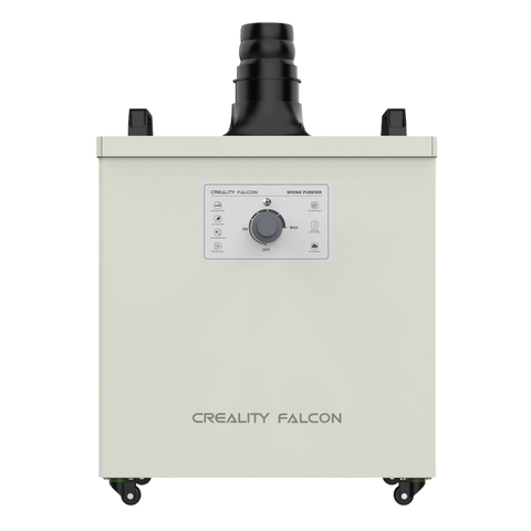 Front view of the Creality Falcon Smoke Purifier by Creality Falcon, designed for indoor use with a control panel, central dial, indicator lights, and large exhaust port to filter smoke and dust. The white unit features small wheels on the bottom corners.