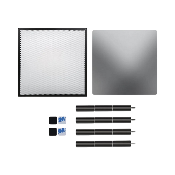 The Creality Falcon Cutter Accessory Kit for Falcon 5W, 7.5W, and 10W Laser Engravers includes a square LED panel, reflective panel, four black rods with sleeves, two mounts, and adhesive pads—ideal for your engraving projects.