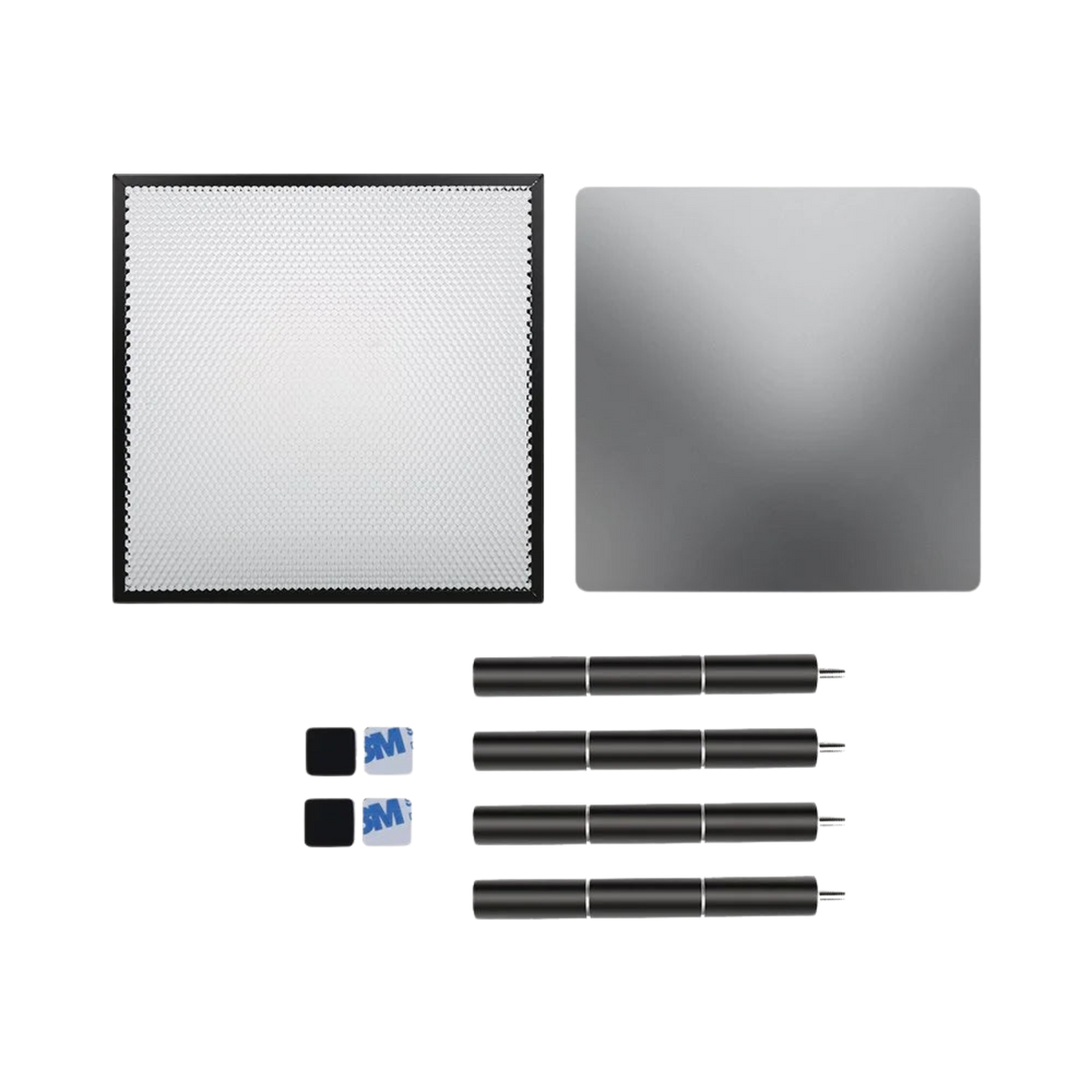 The Creality Falcon Cutter Accessory Kit for Falcon 5W, 7.5W, and 10W Laser Engravers includes a square LED panel, reflective panel, four black rods with sleeves, two mounts, and adhesive pads—ideal for your engraving projects.