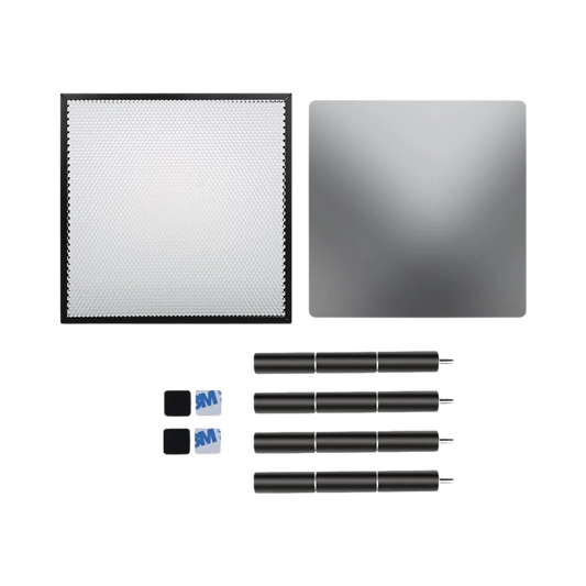 The Creality Falcon Cutter Accessory Kit for Falcon 5W, 7.5W, and 10W Laser Engravers includes a square LED panel, reflective panel, four black rods with sleeves, two mounts, and adhesive pads—ideal for your engraving projects.