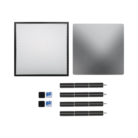 The Creality Falcon Cutter Accessory Kit for Falcon 5W, 7.5W, and 10W Laser Engravers includes a square LED panel, reflective panel, four black rods with sleeves, two mounts, and adhesive pads—ideal for your engraving projects.