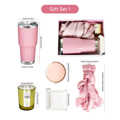 The Creality Falcon Car Water Cup DIY Women's Gift Set for Laser Engraving, an ideal choice for anniversary gifts for her, includes a 30oz pink tumbler, a scented candle, a luxurious pink silk scarf, and a rose gold makeup mirror. Each item is detailed with dimensions in inches and elegantly presented in a rectangular box.