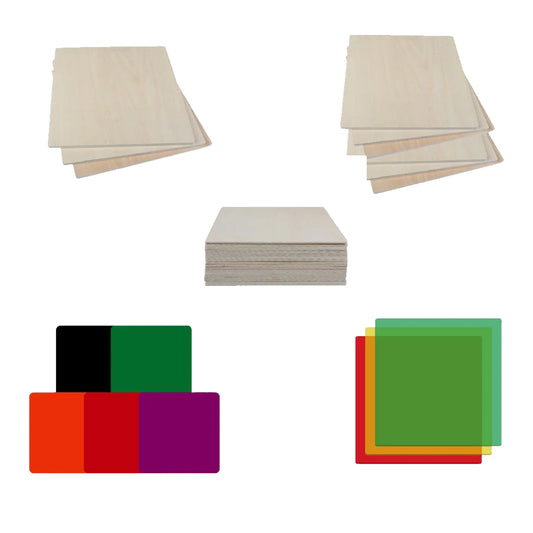 The image showcases stacks of Creality Falcon Basswood Plywood sheets in a U shape above glossy and colorful acrylic sheets (black, red, green, orange, purple) on the left, with transparent acrylic sheets (yellow, blue, red, green) on the right from the 12x12'' Mega Pack.
