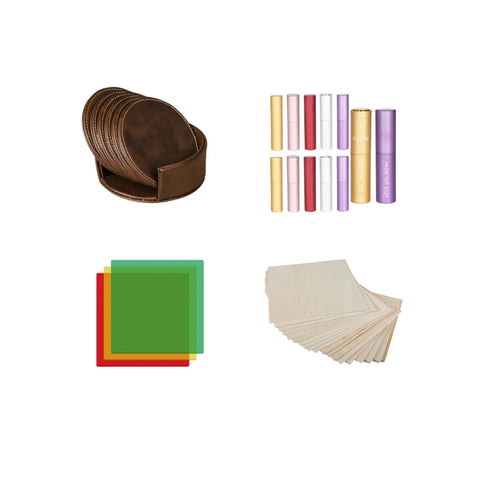 A Creality Falcon Complete Crafting Bundle, featuring durable leather coasters and translucent multicolored acrylic sheets, is arranged on a white background alongside ten colorful lipstick tubes and light-colored rectangular papers.