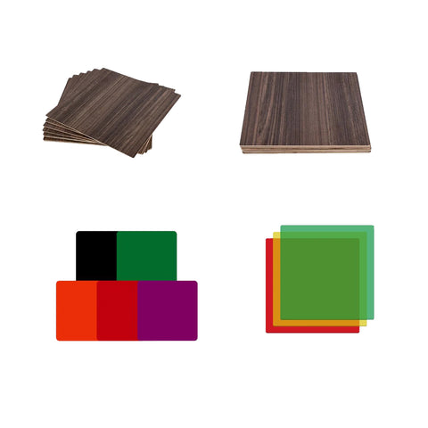 Four images display Creality Falcon's Walnut Plywood and Colorful Acrylic Sheets Mega Pack. Top left shows walnut plywood sheets, top right brown wood boards; bottom left features opaque acrylics in black, green, red, purple; bottom right displays transparent overlapping acrylic squares.