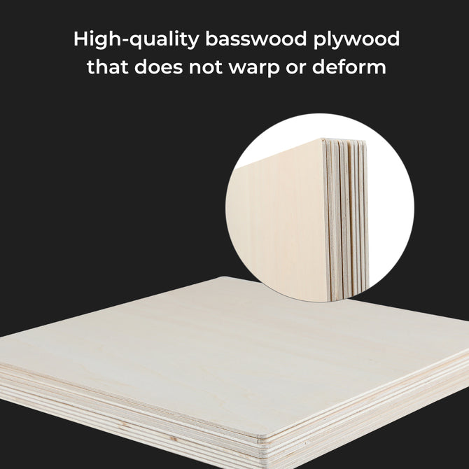 A stack of Creality Falcon 8*8*1/8'' Intelligent Recognition Basswood Plywood Sheets (10pcs) on a black background. Text: "High-quality basswood plywood for laser engraving and DIY; won’t warp or deform." Circular close-up inset of one sheet.