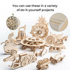 A range of Creality Falcon DIY models and ornaments, including vehicles and decor, are shown with a close-up of 8*8*1/8'' Intelligent Recognition Basswood Plywood Sheets (10pcs), highlighting their creative project potential.