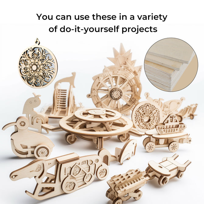 A range of Creality Falcon DIY models and ornaments, including vehicles and decor, are shown with a close-up of 8*8*1/8'' Intelligent Recognition Basswood Plywood Sheets (10pcs), highlighting their creative project potential.