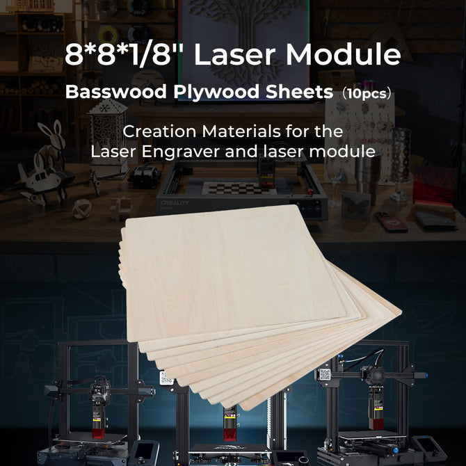 A stack of Creality Falcon 8*8*1/8'' Intelligent Recognition Basswood Plywood Sheets (10pcs) sits in a creative workspace with laser engravers and decor, highlighted as perfect for DIY projects and laser engraving.