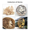 A display of four detailed artworks made from Creality Falcon 8×8×1/8'' Intelligent Recognition Basswood Plywood Sheets (10pcs): a fairy-tale carriage, deer clock, engraved woman’s portrait, and floral sign. Text: "Collection of Works.