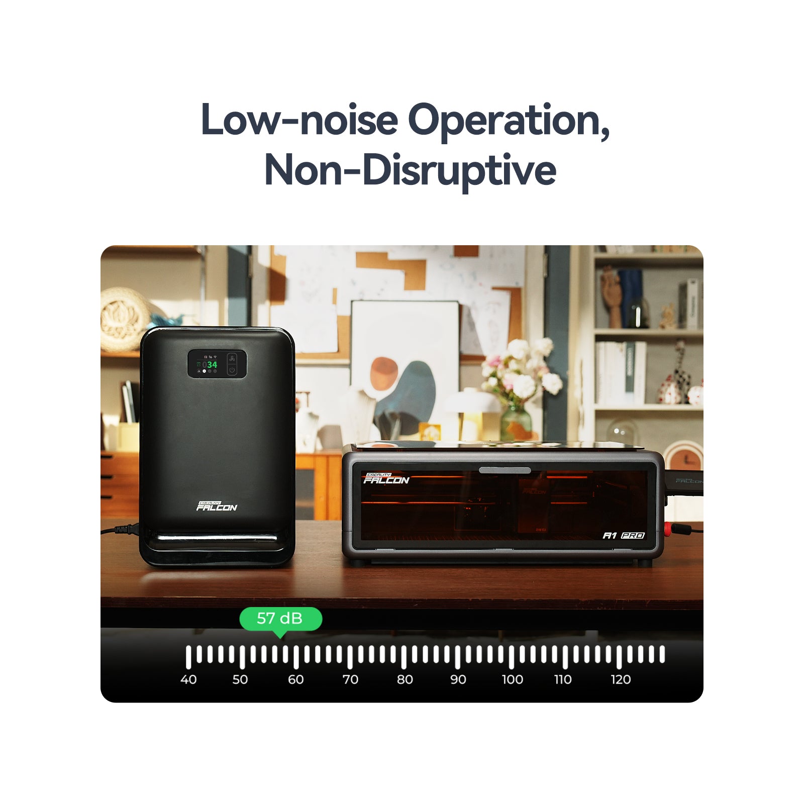 The Creality Falcon AP1 Smoke Purifier operates at a quiet 57 dB for low-noise, non-disruptive use, blending seamlessly into any neatly arranged room.