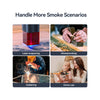 Four labeled images show laser engraving, woodworking, soldering, and home use smoke scenarios, with "Handle More Smoke Scenarios" above, highlighting the Creality Falcon Falcon AP1 Smoke Purifier.
