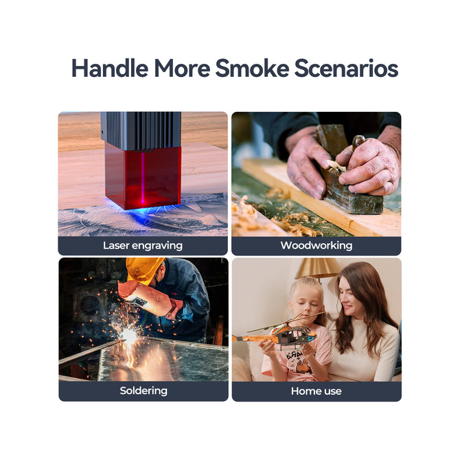 Four labeled images show laser engraving, woodworking, soldering, and home use smoke scenarios, with "Handle More Smoke Scenarios" above, highlighting the Creality Falcon Falcon AP1 Smoke Purifier.