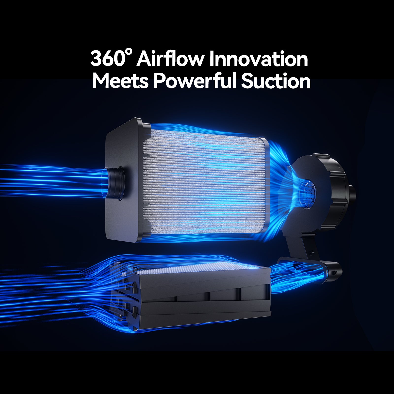 A digital rendering displays blue airflow streaming through the cylindrical filter and vacuum component of the Creality Falcon AP1 Smoke Purifier, highlighting 360° airflow innovation and powerful suction. White text reads: "360° Airflow Innovation Meets Powerful Suction.