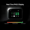 The Creality Falcon AP1 Smoke Purifier features a digital "Real-Time PM2.5 Display" showing a reading of 15, with a color bar below: red for high pollution, yellow for moderate air, and green indicating fresh and clean air.