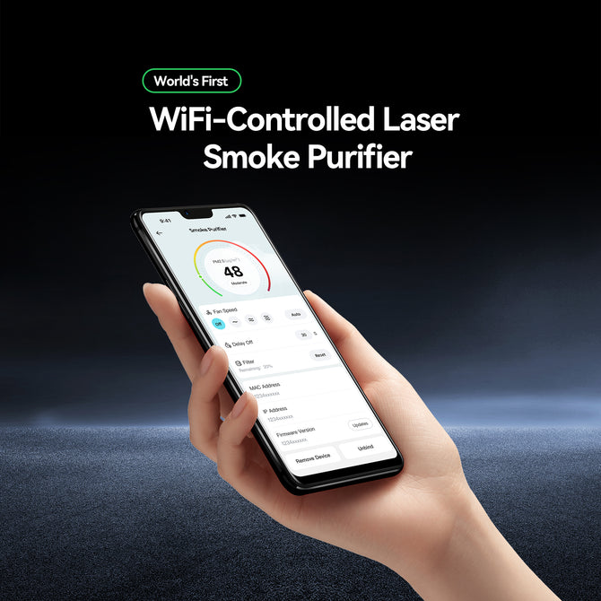 A hand holds a smartphone showing the control app for the Creality Falcon AP1 Smoke Purifier, with the text "World's First WiFi-Controlled Laser Smoke Purifier" above.