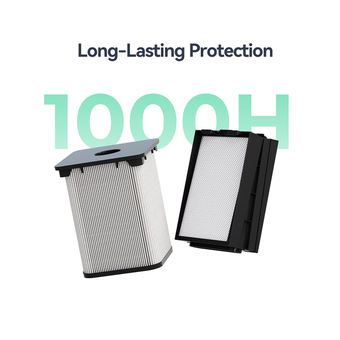 Two rectangular air filters labeled "Long-Lasting Protection" with "1000H" behind them highlight the Falcon AP1 Smoke Purifier by Creality Falcon, emphasizing the purifier's extended 1000-hour filter lifespan.