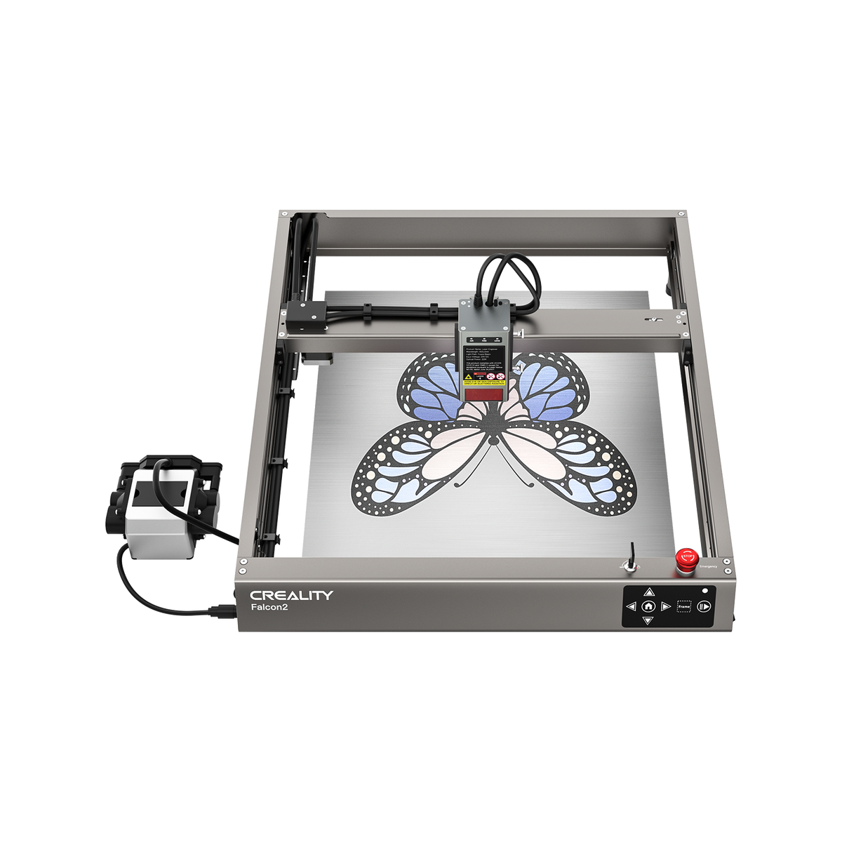 A top view of the Creality Falcon Falcon2 22W Diode Laser Engraver etching a blue and black butterfly design onto metal, highlighting its powerful cutting performance and vivid color engraving abilities.