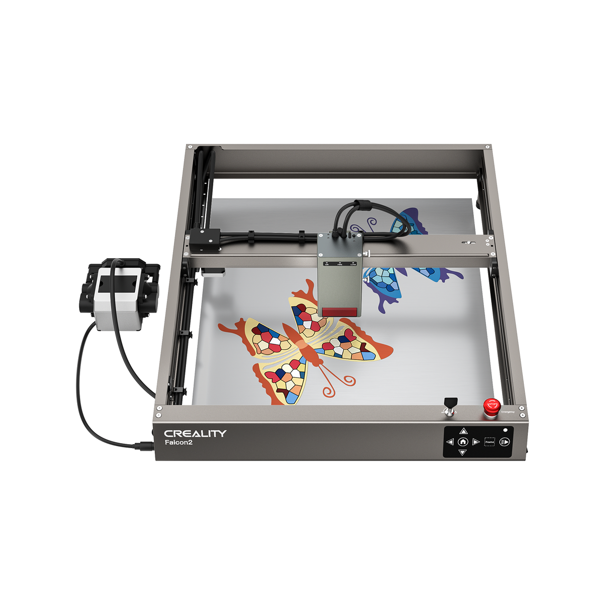 A Creality Falcon Falcon2 40W Diode Laser Engraver with an anodized aluminum alloy frame engraves colorful butterfly designs on a flat surface, its head positioned above the artwork.