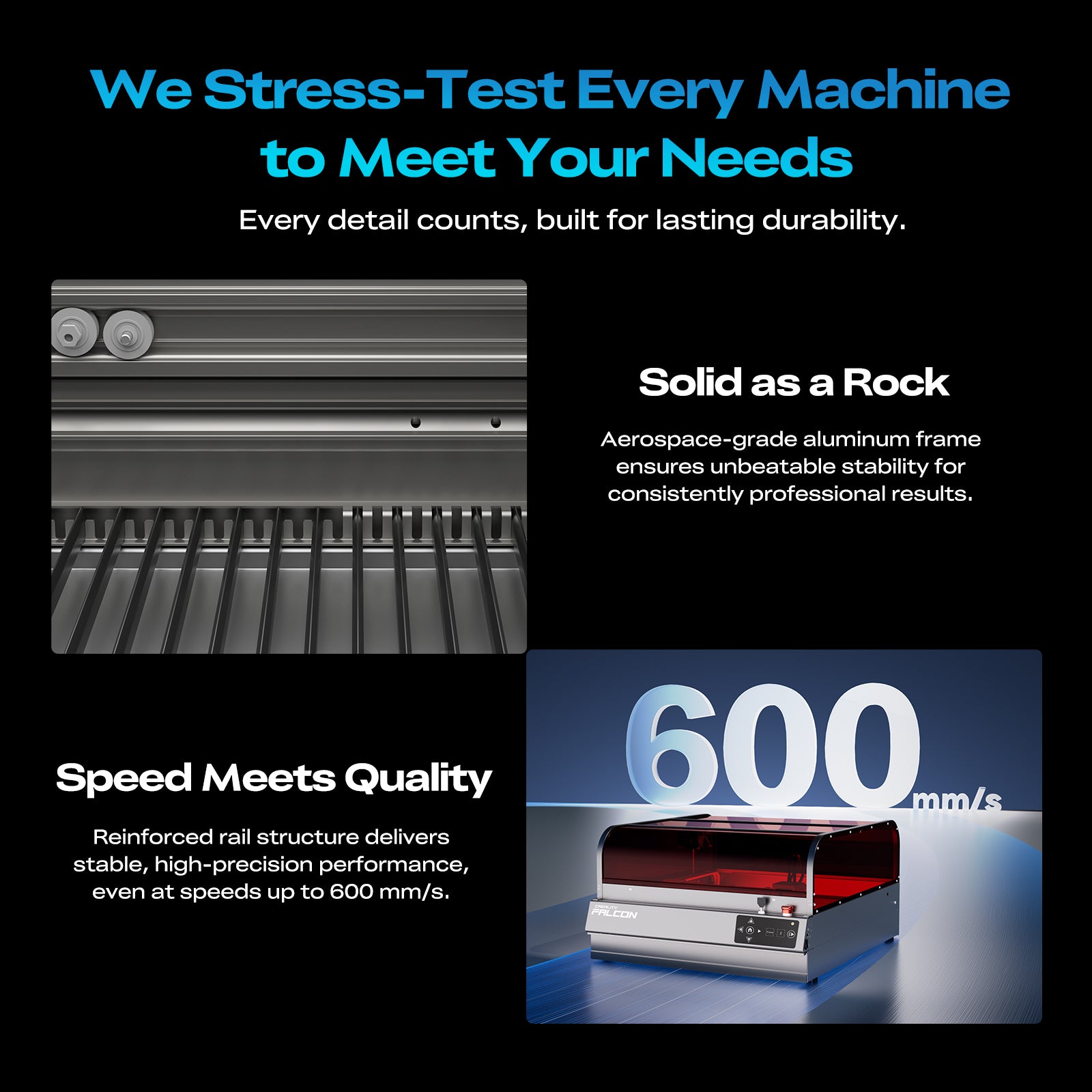 Promotional graphic for the Creality Falcon Falcon2 Pro S 40W Enclosed Diode Laser Engraver, showcasing its sturdy aluminum frame and reinforced rails for stable, high-speed performance up to 600 mm/s, with close-up shots of the frame and machine.