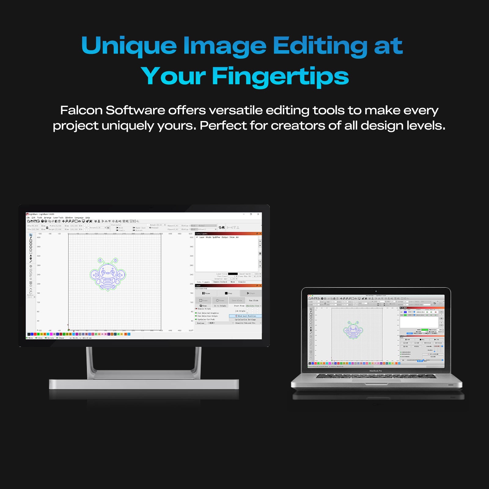 A desktop monitor and a laptop display Creality Falcon’s Falcon2 Pro S 40W Enclosed Diode Laser Engraver software with vibrant graphics, highlighting the device’s versatile design tools for creators. Black background.