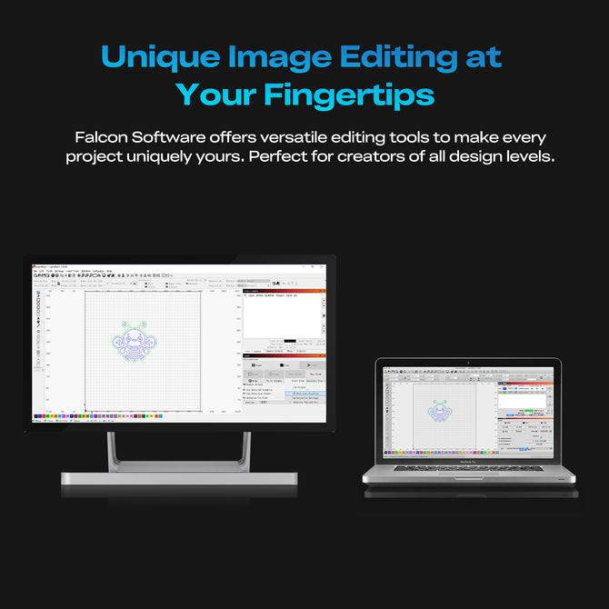 A desktop monitor and a laptop display Creality Falcon’s Falcon2 Pro S 40W Enclosed Diode Laser Engraver software with vibrant graphics, highlighting the device’s versatile design tools for creators. Black background.