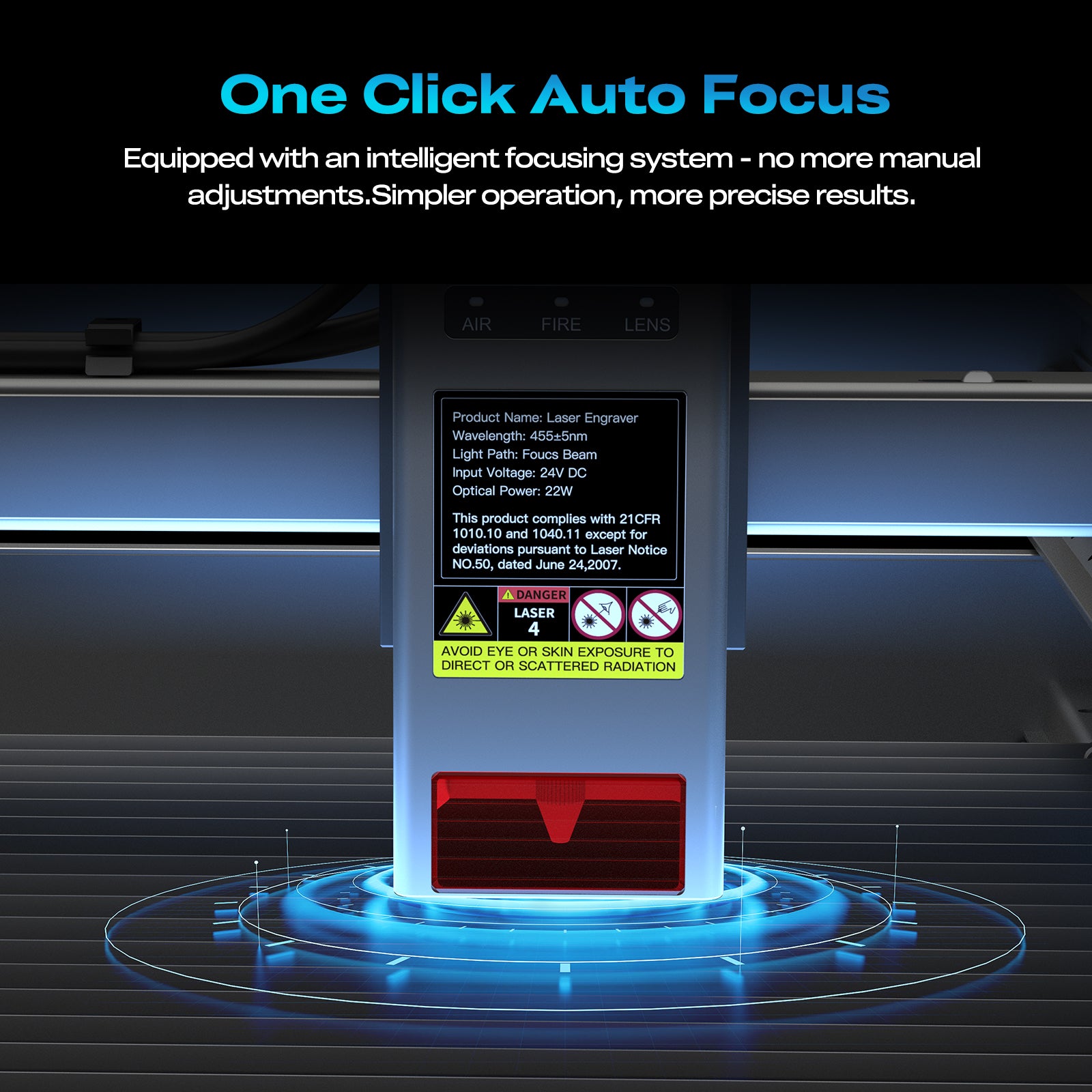 The Creality Falcon Falcon2 Pro S 40W Enclosed Diode Laser Engraver is auto-focusing on an object, shown with a blue glow and digital display. "One Click Auto Focus" appears above along with a brief feature description.