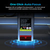 The Creality Falcon Falcon2 Pro S 40W Enclosed Diode Laser Engraver is auto-focusing on an object, shown with a blue glow and digital display. "One Click Auto Focus" appears above along with a brief feature description.