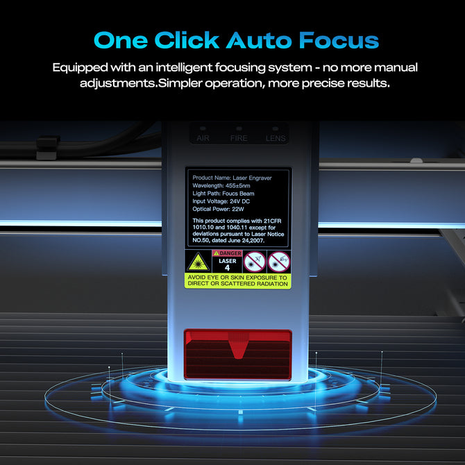 The Creality Falcon Falcon2 Pro S 40W Enclosed Diode Laser Engraver is auto-focusing on an object, shown with a blue glow and digital display. "One Click Auto Focus" appears above along with a brief feature description.