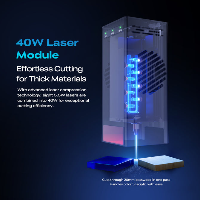 A graphic shows the Creality Falcon Falcon2 Pro S 40W Enclosed Diode Laser Engraver’s blue laser beam cutting thick acrylic and basswood with ease. Text highlights its 8 combined lasers for powerful, efficient cutting of thick materials.