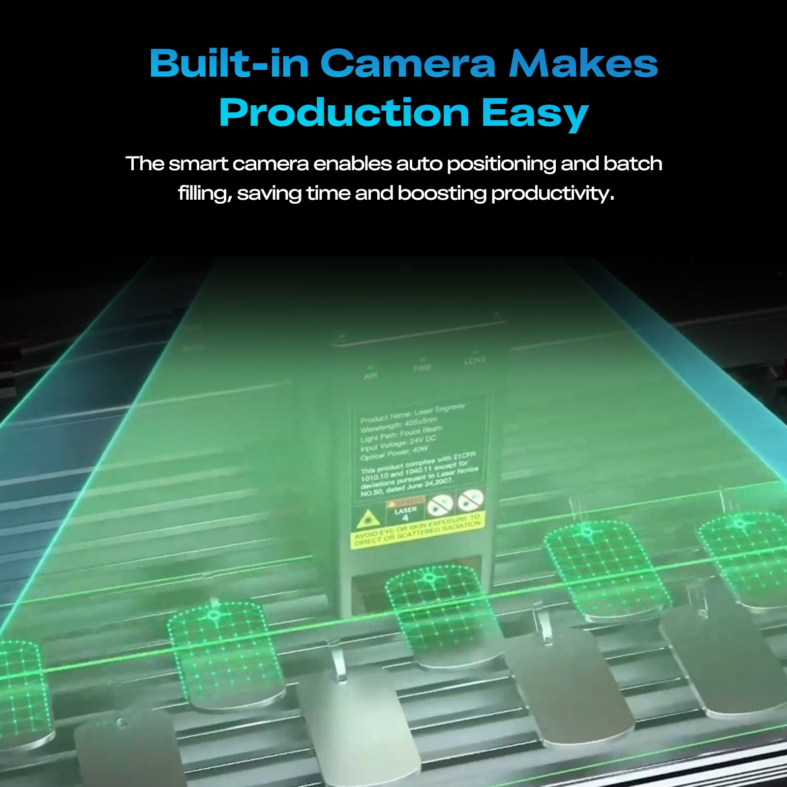 A conveyor belt moves items under the built-in camera of the Creality Falcon Falcon2 Pro S 40W Enclosed Diode Laser Engraver, with green overlays showing automated positioning for efficient batch production. Text above: "Built-in Camera Makes Production Easy.