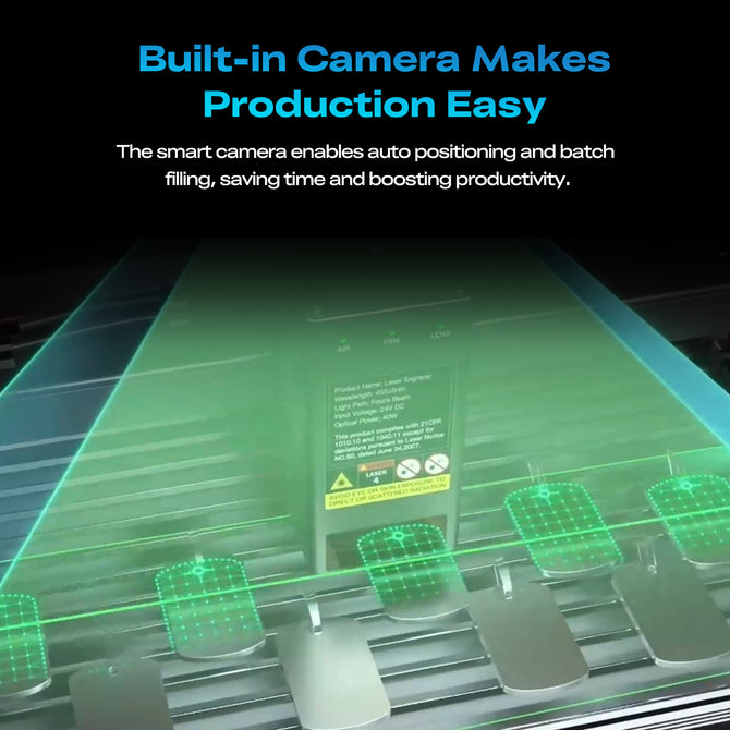 A conveyor belt moves items under the built-in camera of the Creality Falcon Falcon2 Pro S 40W Enclosed Diode Laser Engraver, with green overlays showing automated positioning for efficient batch production. Text above: "Built-in Camera Makes Production Easy.