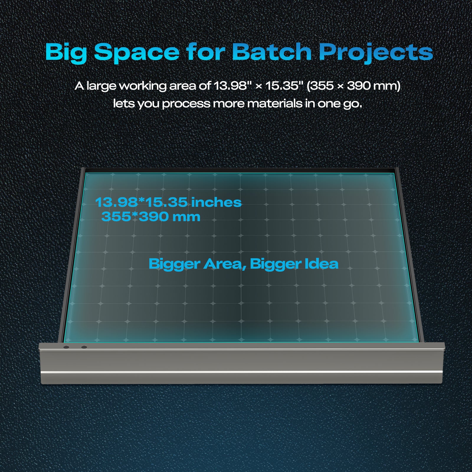A digital illustration displays the spacious 13.98 x 15.35 in (355 x 390 mm) workspace of the Creality Falcon Falcon2 Pro S 40W Enclosed Diode Laser Engraver, with a grid overlay and text indicating its suitability for batch projects.