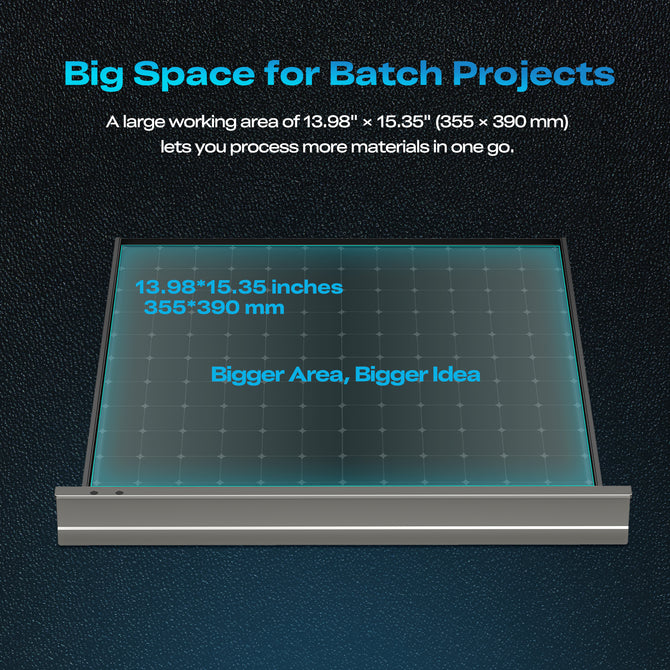 A digital illustration displays the spacious 13.98 x 15.35 in (355 x 390 mm) workspace of the Creality Falcon Falcon2 Pro S 40W Enclosed Diode Laser Engraver, with a grid overlay and text indicating its suitability for batch projects.