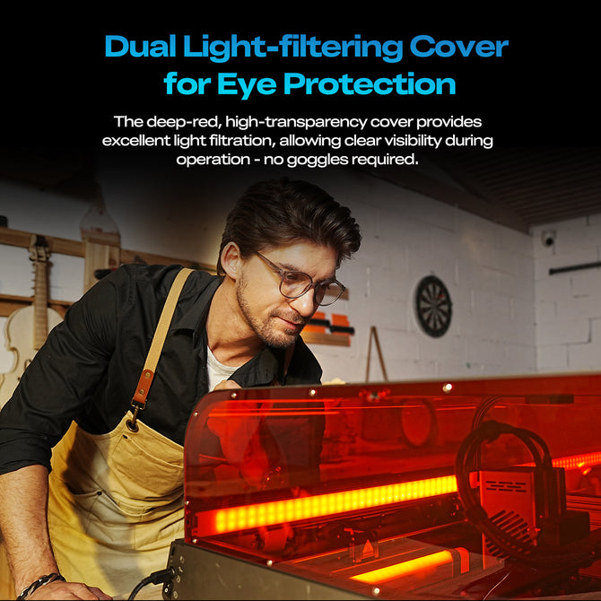A man in glasses and an apron observes the Creality Falcon Falcon2 Pro S 40W Enclosed Diode Laser Engraver. Text highlights its dual light-filtering cover, ensuring eye protection so goggles aren’t needed during use.