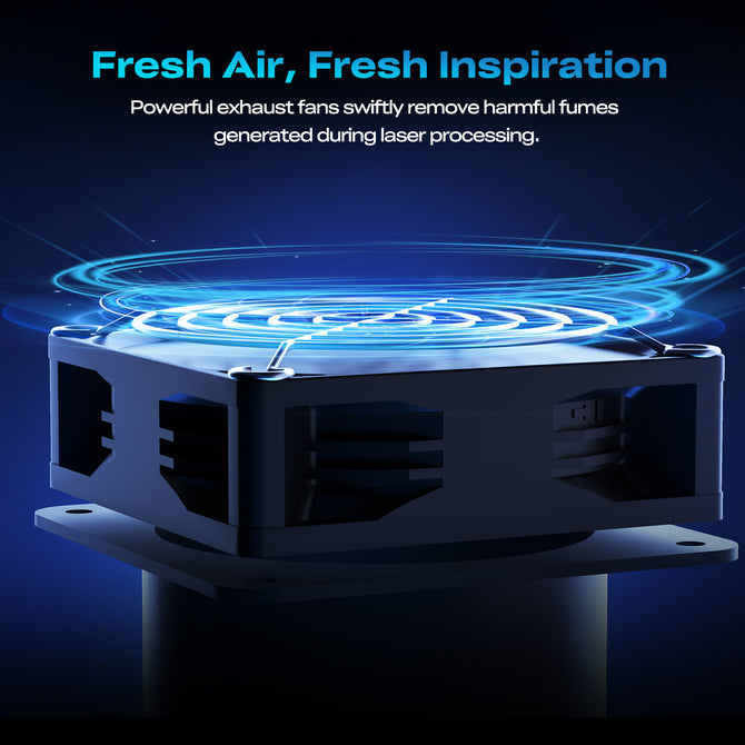 A black Creality Falcon Falcon2 Pro S 40W Enclosed Diode Laser Engraver emits blue swirling light trails showing airflow. “Fresh Air, Fresh Inspiration” highlights its fan removing harmful fumes during laser processing. Background is dark blue and black.