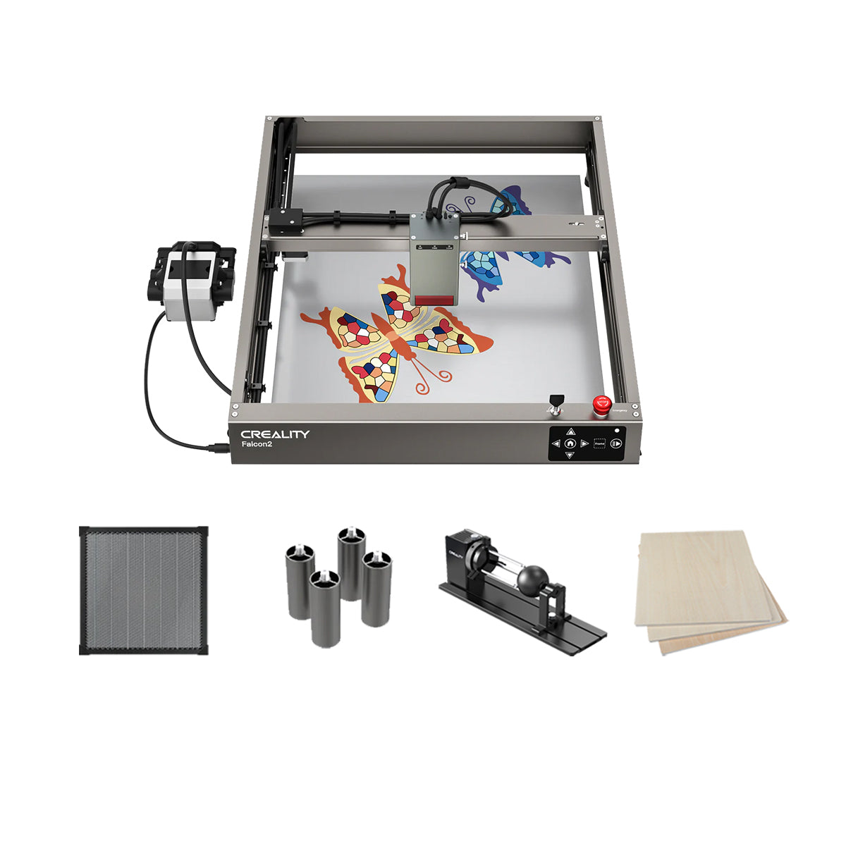 A Falcon2 22W Laser Engraver and Cutter from Creality Falcon, working on a vibrant butterfly design, is positioned on top of a honeycomb workbench. Accessories such as support rods, a cylindrical tool, a filter screen, and wooden sheets are neatly organized below the machine.