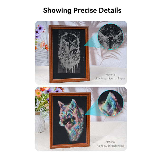 Two framed scratch art drawings made with the 5W CR-Laser Falcon Engraver Upgrade Package by CrealityFalcon: a luminous owl on dark paper and a colorful wolf on rainbow scratch paper. Close-up insets show material details, flowers and fabric in the background.