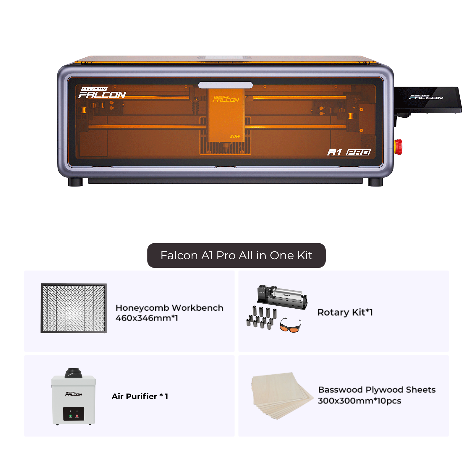 An image of the Creality Falcon A1 Pro 20W Dual-laser Engraver Kit, featuring the engraver, honeycomb workbench, rotary kit, air purifier, and ten 30x300mm basswood plywood sheets.