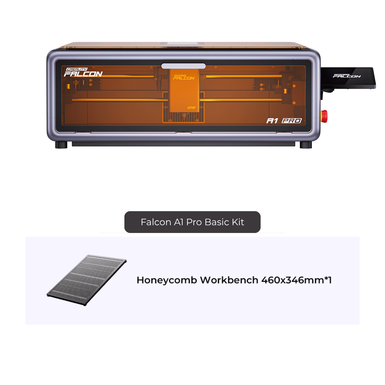 The image shows the Creality Falcon Falcon A1 Pro 20W Dual-laser Engraver + Free Test Kit, featuring a rectangular engraver with an orange-tinted cover and a 460x346 mm honeycomb workbench.